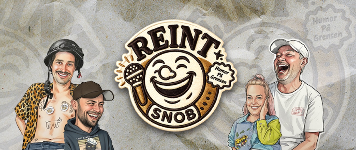 Tegning av gjengen i Reint Snob rundt det broderte logomerket